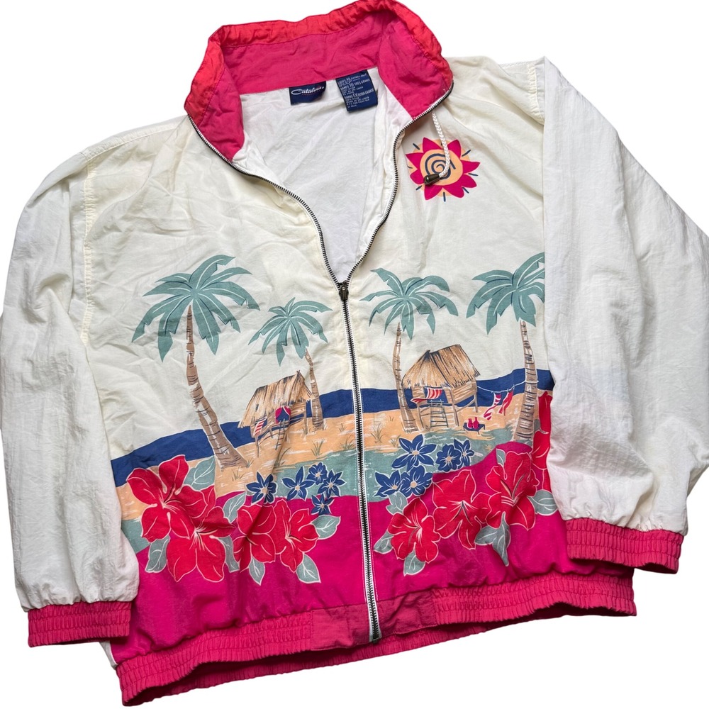 90s Tropical Windbreaker Womens XL White Pink Floral Retro Jacket Surf coastal